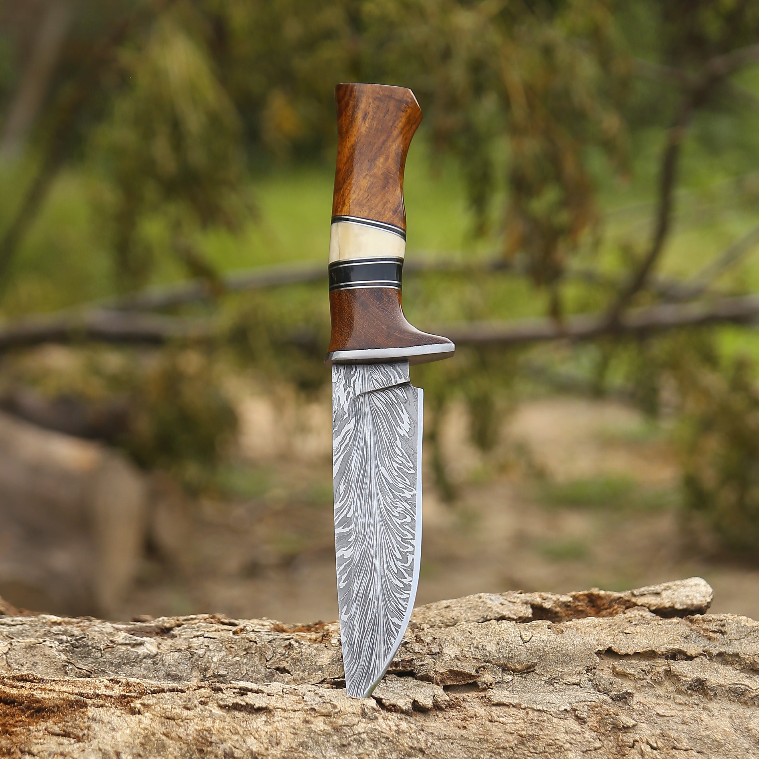 Custom Hunting Knife - Annihilator Custom Feather Damascus Hunting Knife with Exotic Rose Wood Handle - Shokunin USA