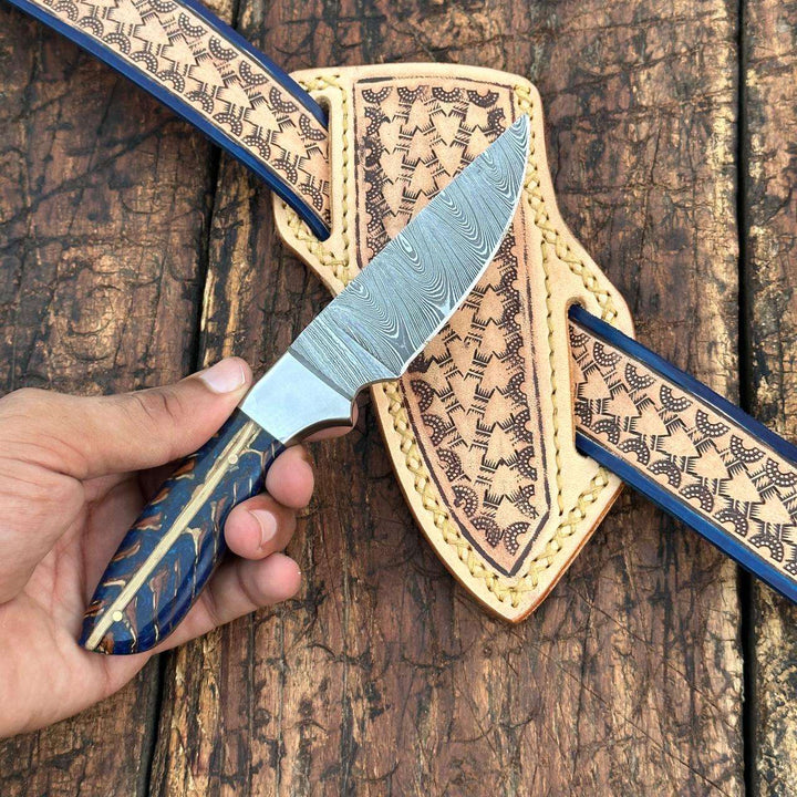 Rio Grande Damascus Skinner Knife with Handtooled Sheath &amp; Belt
