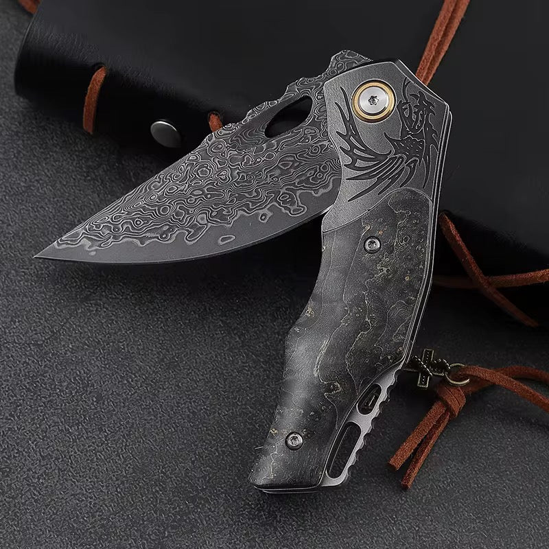 Gentleman's folder with case - Galaxy Japanese Damascus Folding Pocket Knife with Maple Burl Wood Handle - Shokunin USA