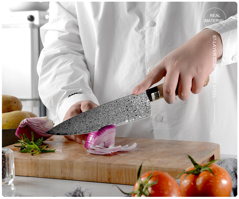 Best VG10 Knife - Shinobi VG10 Damascus Chef Knife 8" with Exotic Olive Wood Handle - Shokunin USA