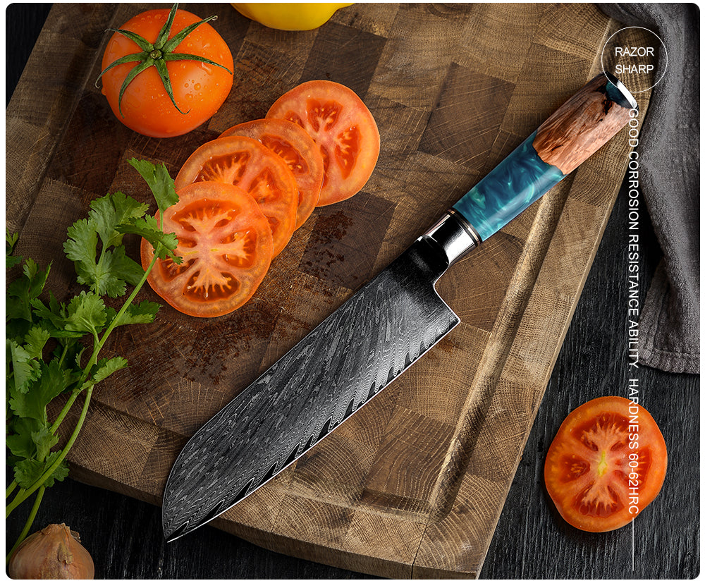 Kurenai Knife - Kurenai VG10 Chef Knife Damascus Santoku Knife with Exotic Olive Wood & River Handle - Shokunin USA