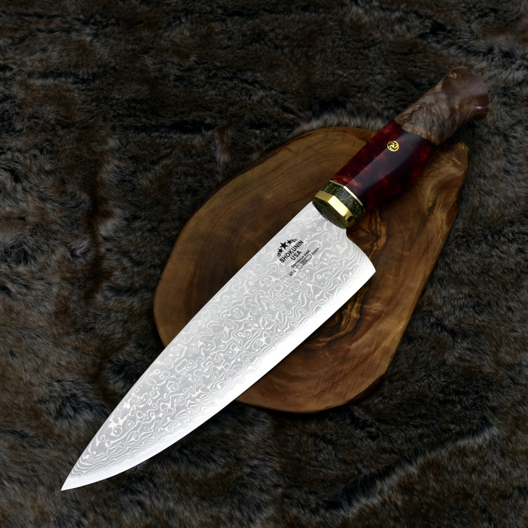 Chef Knife - Shinobi Damascus Chef Knife with Exotic Olive Wood Burl Handle - Shokunin USA