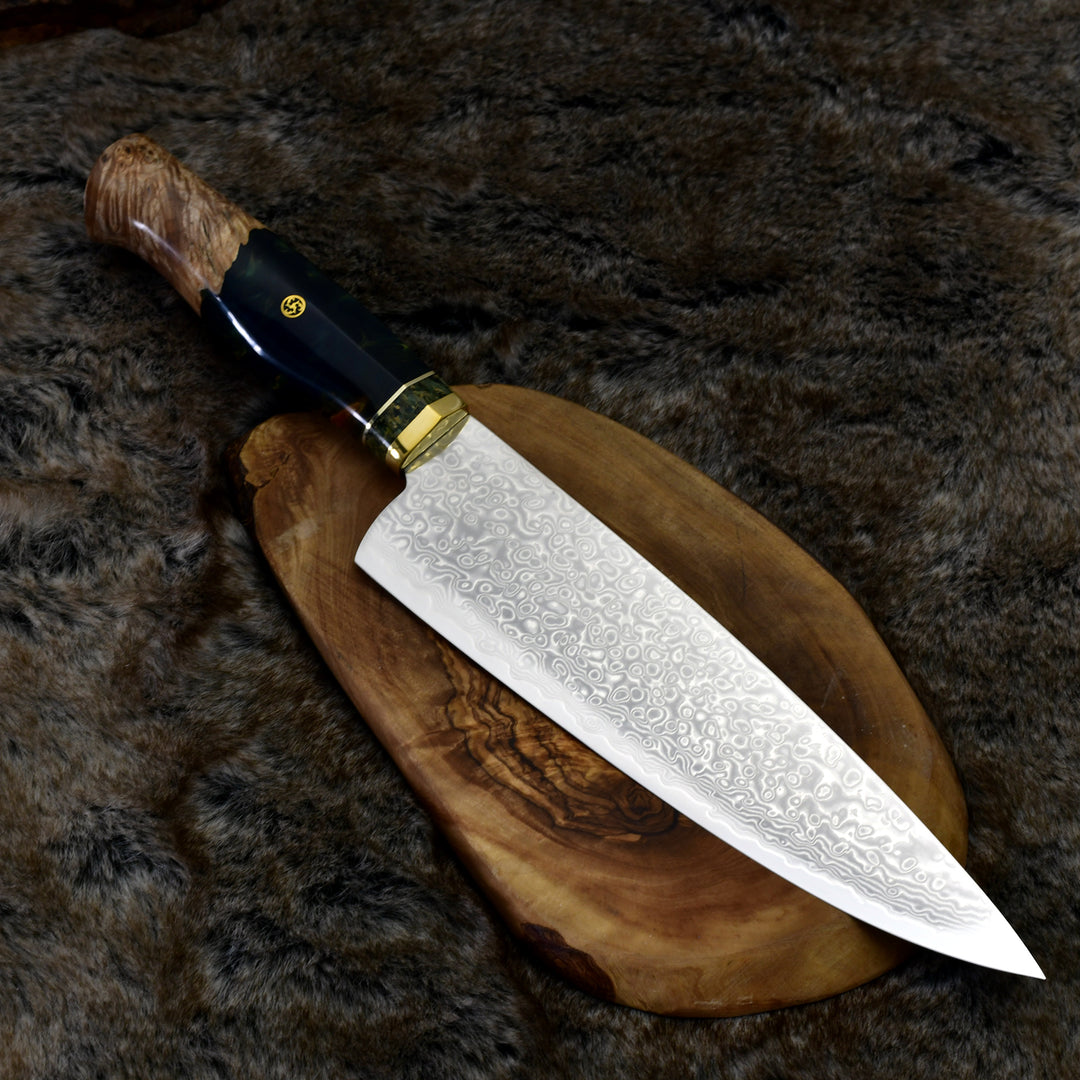 Shinobi Damascus Chef Knife with Exotic Olive Wood Handle