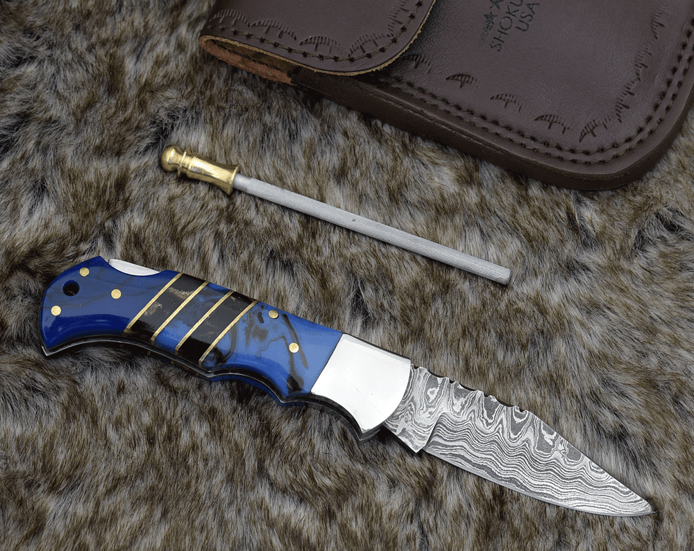 Damascus Knife - Pathfinder Damascus Pocket Knife with Resin Handle & Sheath - Shokunin USA