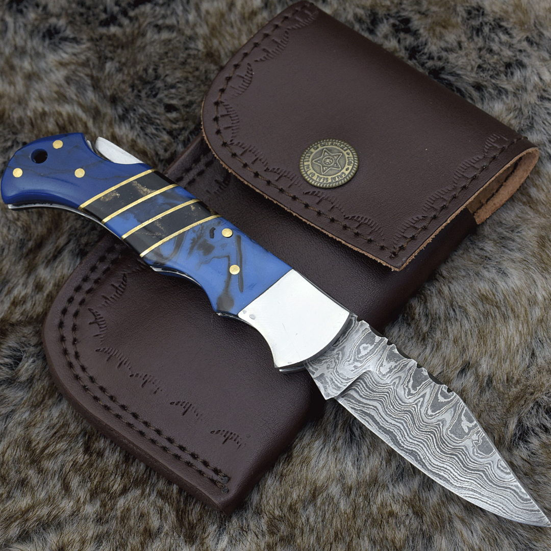 Damascus Knife - Pathfinder Damascus Pocket Knife with Resin Handle & Sheath - Shokunin USA