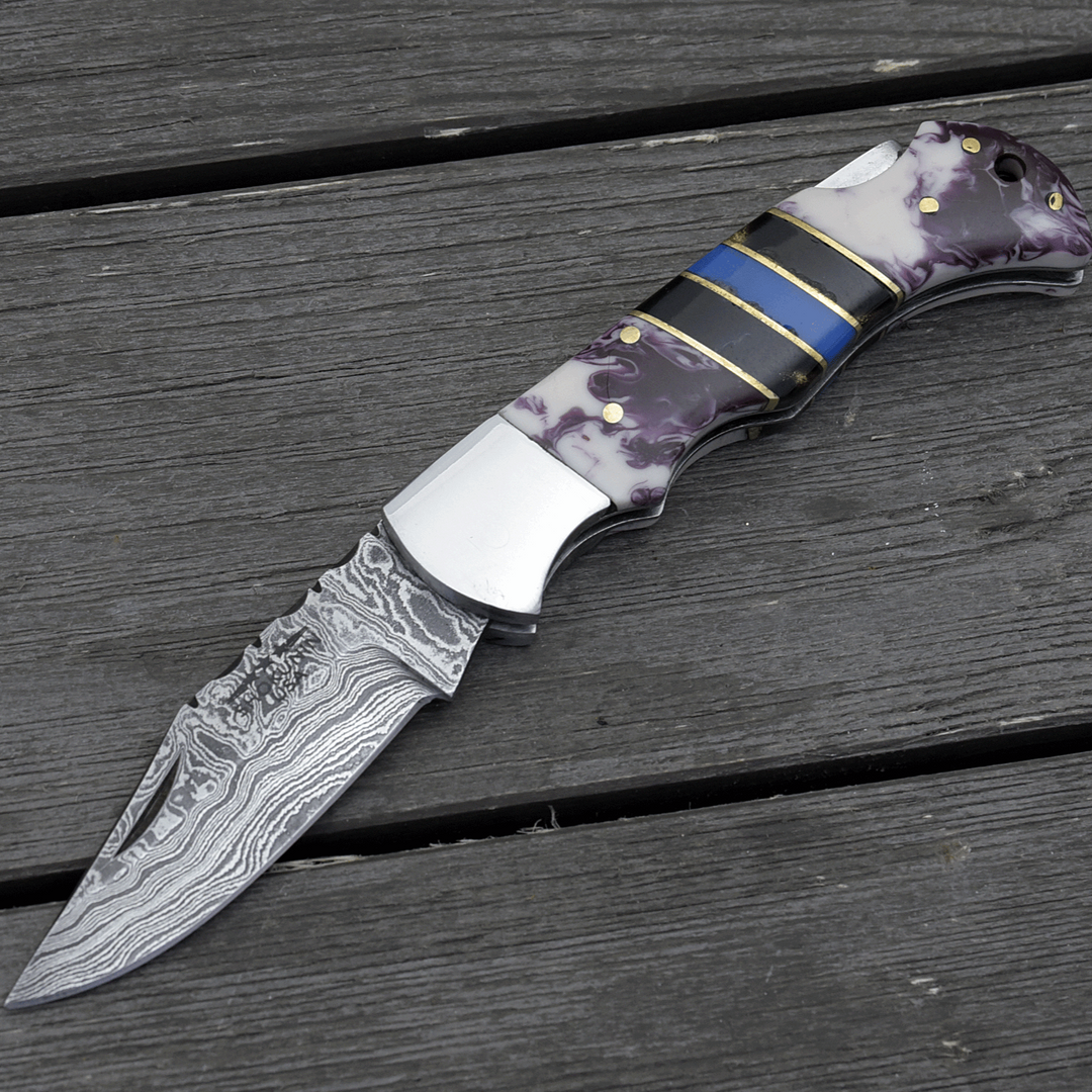 Damascus Knife - Centurion Damascus Pocket Knife with Sheath & Purple Resin Handle - Shokunin USA