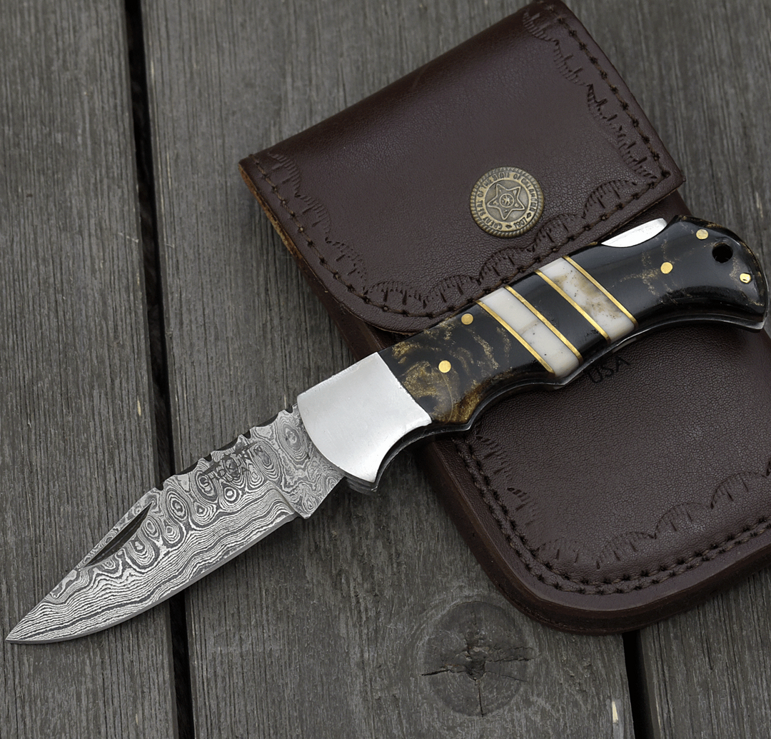 Damascus Knife - Blaze Handmade Damascus folding knife with Sheath & Resin Handle - Shokunin USA
