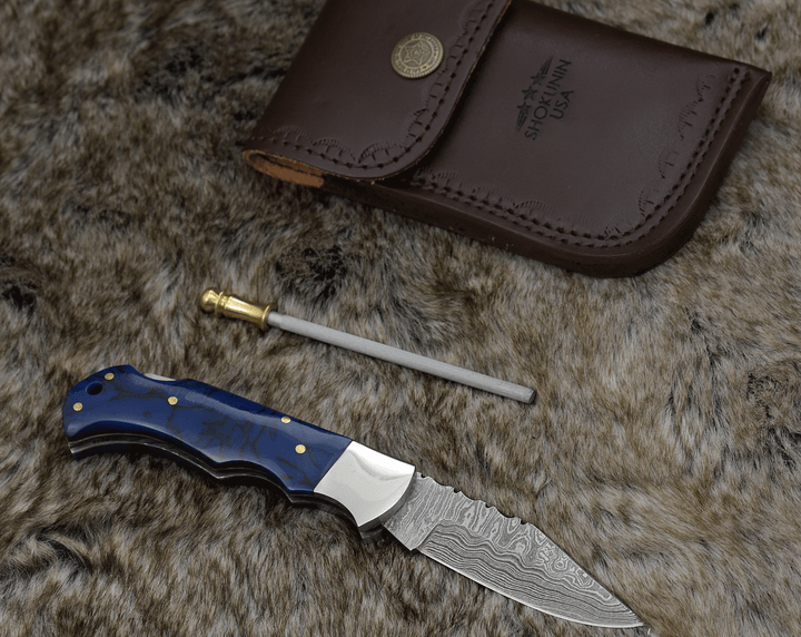 Damascus Knife - Crest Damascus Pocket knife with Sheath & Blue Resin Handle - Shokunin USA