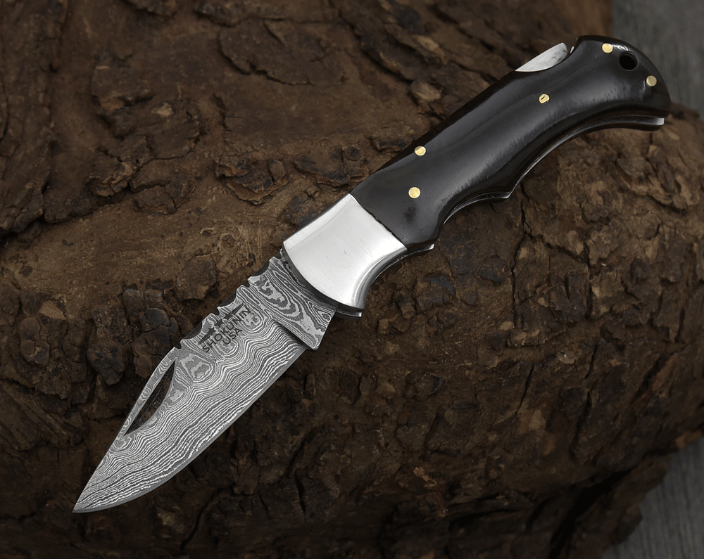 Damascus Knife - Specter Handmade Real Damascus Pocket Knife with Sheath & Resin Handle - Shokunin USA
