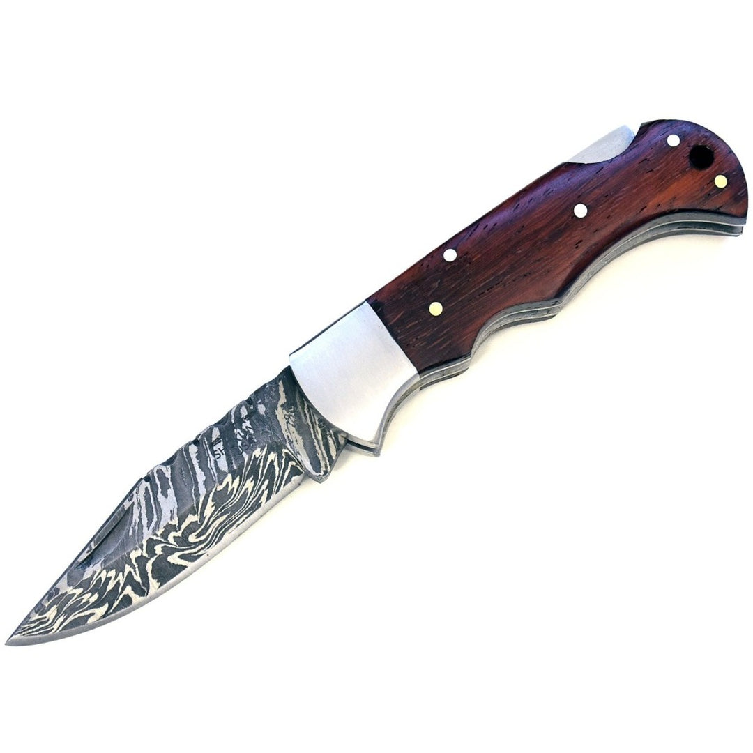 Damascus Knife - Excalibur Damascus Pocket Knife with Exotic Red Heart Wood Handle - Shokunin USA
