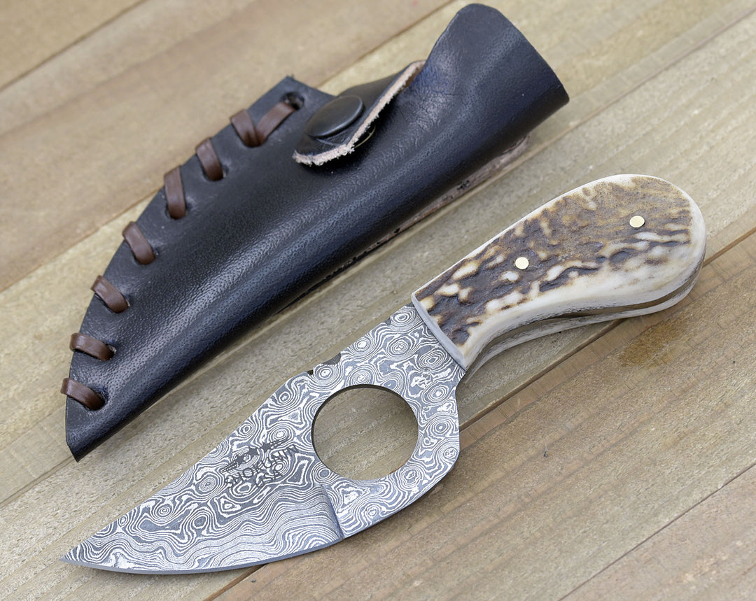 Damascus Knife - Shadowstalker Damascus Skinning Knife, Damascus Knife Stagorn Handle with Leather Sheath - Shokunin USA