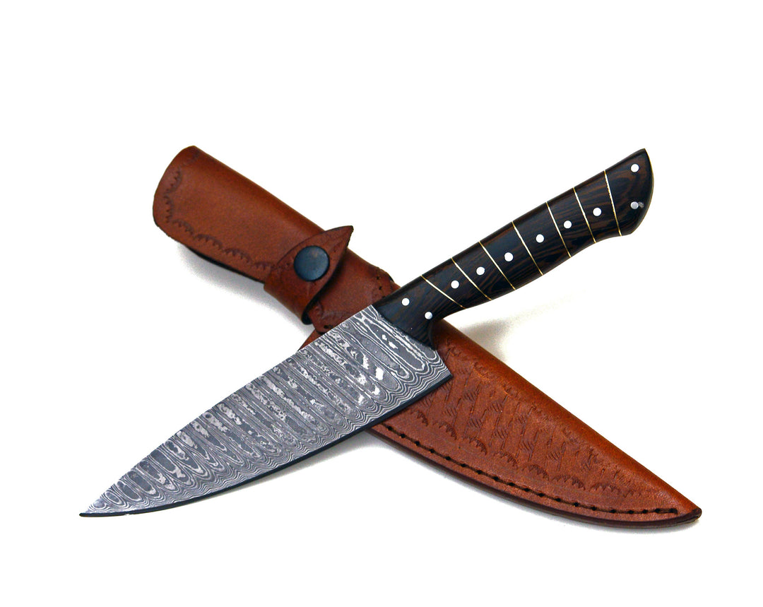 Noble 6" Handforged Damascus Chef Knife with Exotic Wenge Wood Handle & Leather Sheath