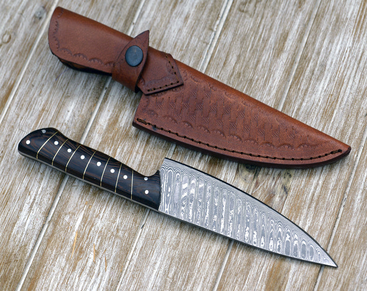 Noble 6" Handforged Damascus Chef Knife with Exotic Wenge Wood Handle & Leather Sheath