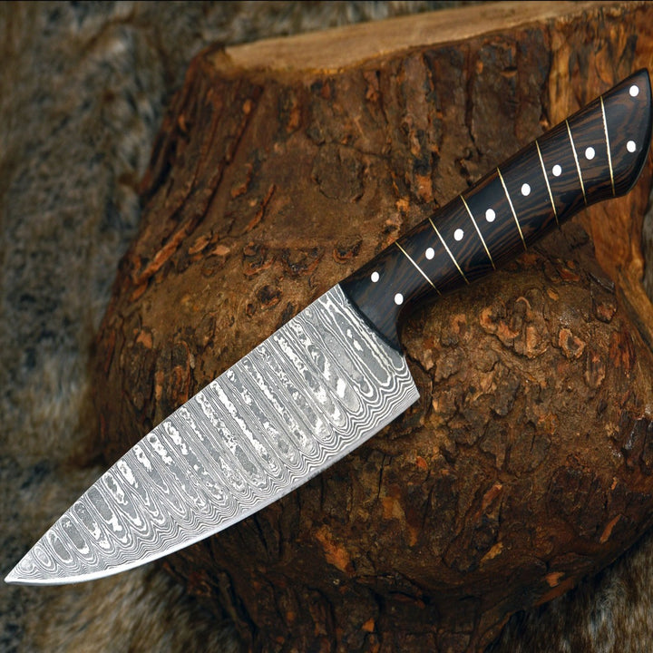 Chef knife - Noble 6" Damascus Chef Knife with Exotic Wenge Wood Handle & Leather Sheath - Shokunin USA