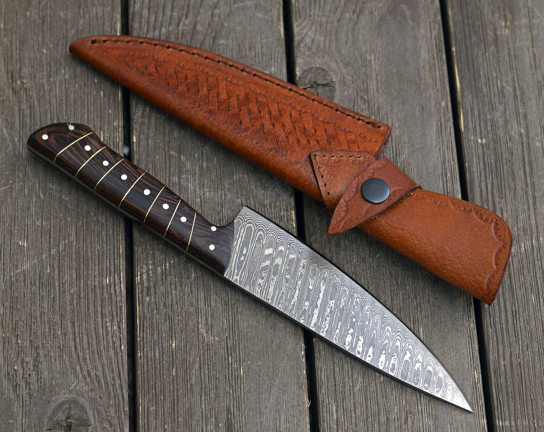 Chef knife - Noble 6" Damascus Chef Knife with Exotic Wenge Wood Handle & Leather Sheath - Shokunin USA