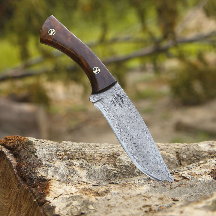 hunting knives for sale - Bloodhound Handmade Damascus Steel Hunting Knife with Rosewood Handle &amp; Leather Sheath - Shokunin USA