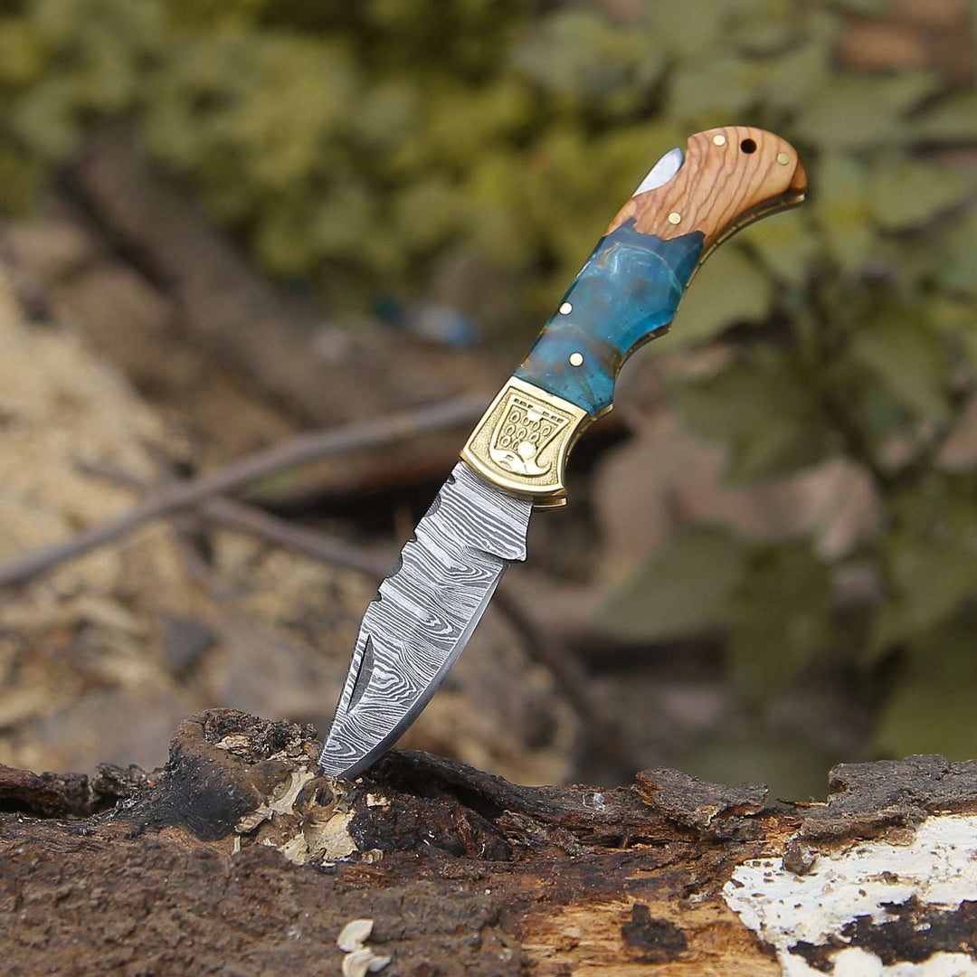 Pocket Knife - Perseus Damascus Pocket Knife with Exotic Olive Wood &amp; Resin Handle - Shokunin USA