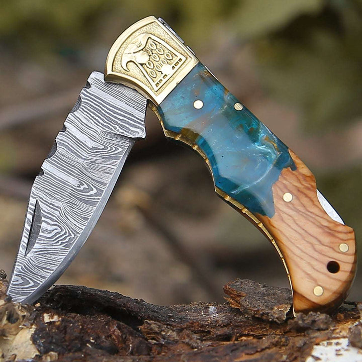 Pocket Knife - Perseus Damascus Pocket Knife with Exotic Olive Wood &amp; Resin Handle - Shokunin USA