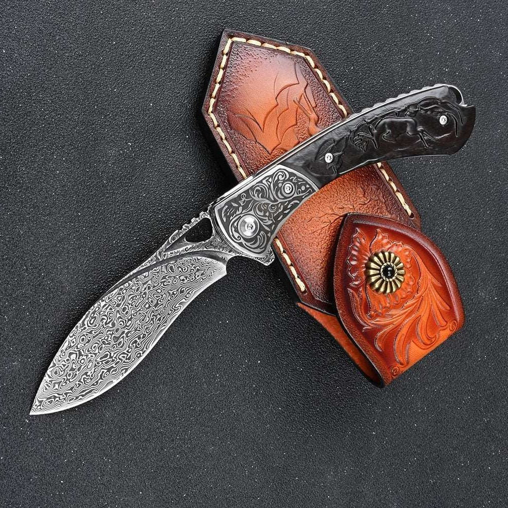 Multitool - Athena Handmade Custom Damascus Pocket Knife with Clip & Carved Exotic Ebony Wood Handle - Shokunin USA