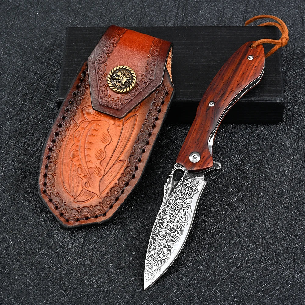 Utility Knife - Meteor Engraved Damascus Steel Pocket Knife with Exotic Red Sandal Wood Handle - Shokunin USA