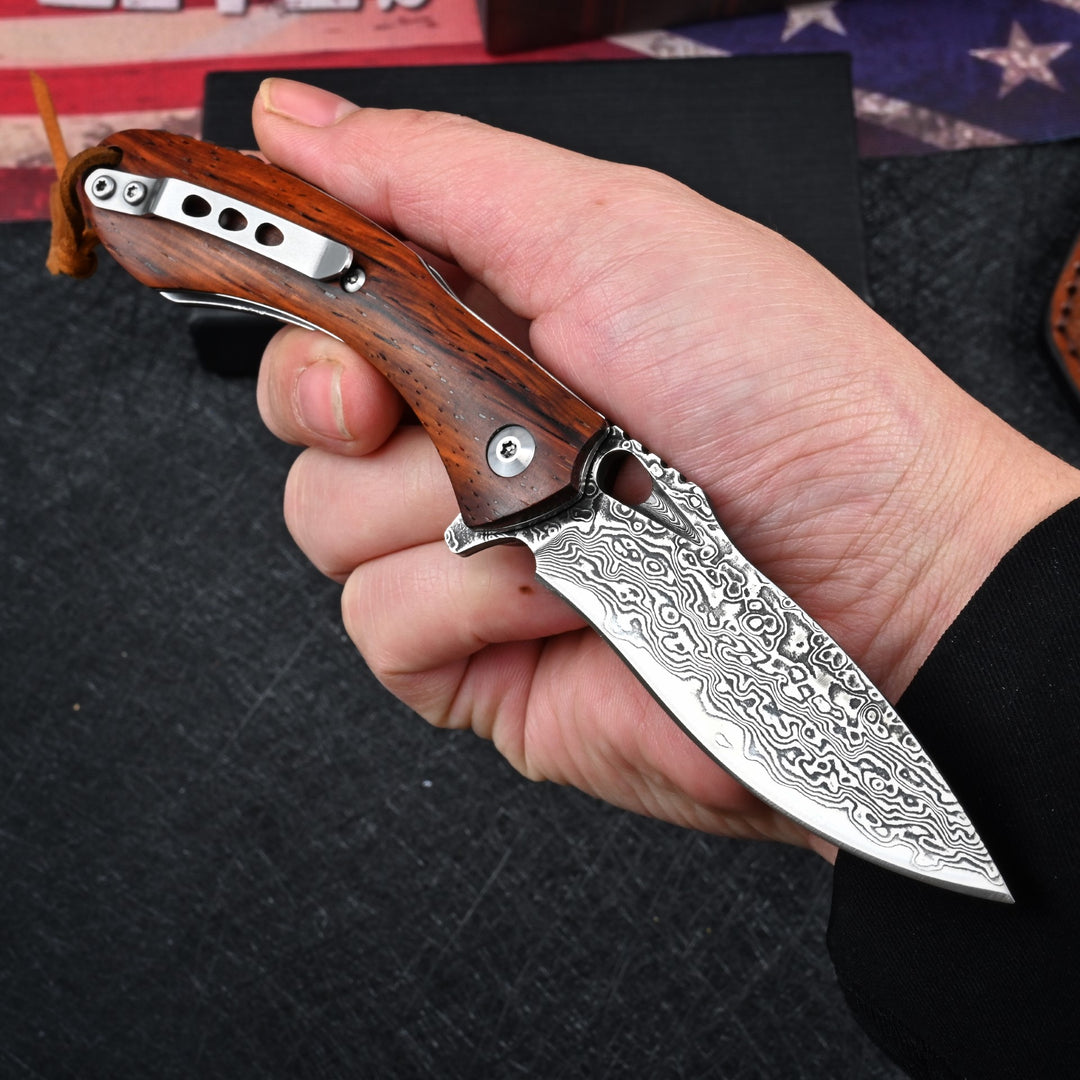 Utility Knife - Meteor Engraved Damascus Steel Pocket Knife with Exotic Red Sandal Wood Handle - Shokunin USA