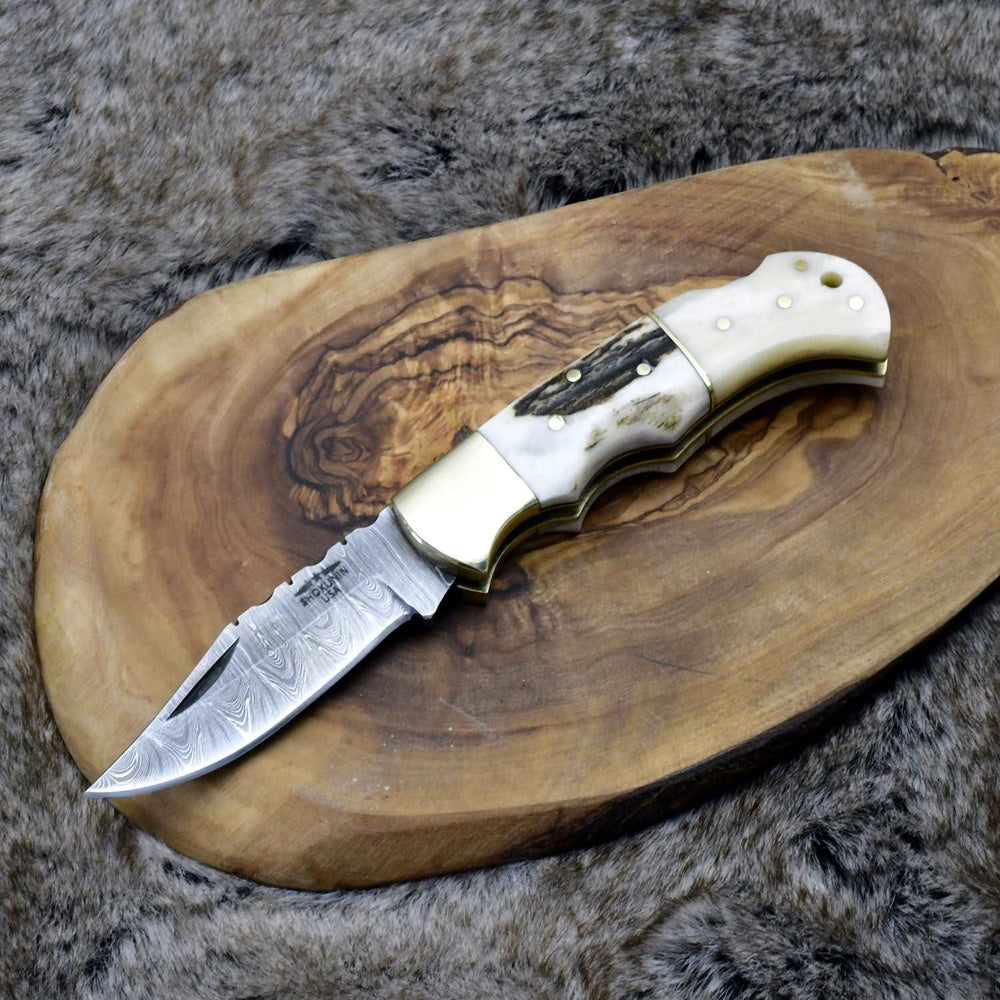 Pocket Knife - Antler Edge Damascus Pocket Knife with Staghorn & Bone Handle - Shokunin USA
