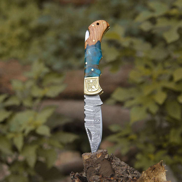 Pocket Knife - Perseus Damascus Pocket Knife with Exotic Olive Wood &amp; Resin Handle - Shokunin USA