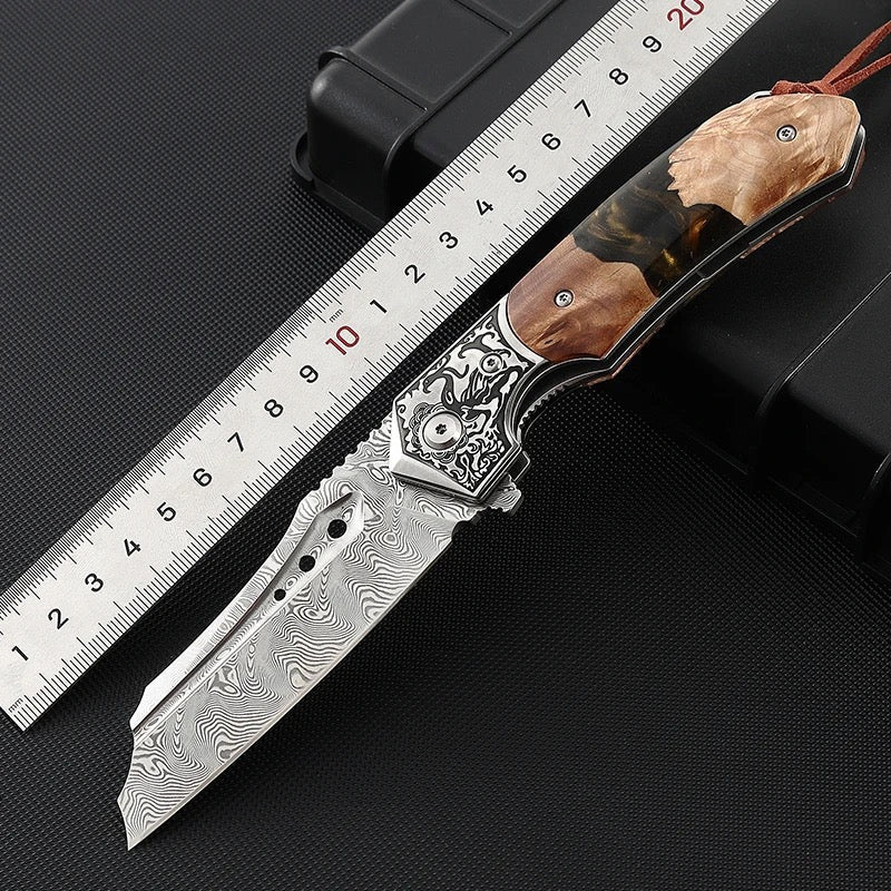 3.75 inch pocket knife with resin handle - Volver Damascus Pocket Knife with Exotic Olive Burl Wood & Resin Handle - Shokunin USA