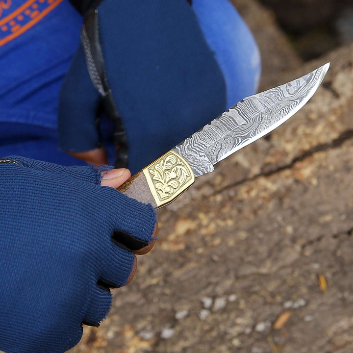 Damascus Knife - Goldshadow Handmade Damascus EDC Folding Pocket Knife with Leather Sheath &amp; Micarta Handle - Shokunin USA