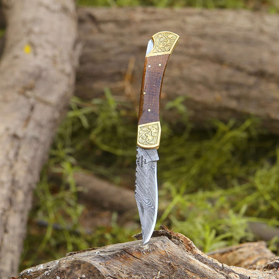 Damascus Knife - Goldshadow Handmade Damascus EDC Folding Pocket Knife with Leather Sheath &amp; Micarta Handle - Shokunin USA