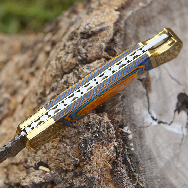 Damascus knife - Thundersteel Handmade Damascus EDC Folding Knife with Leather Sheath &amp; Pakkawood Handle - Shokunin USA