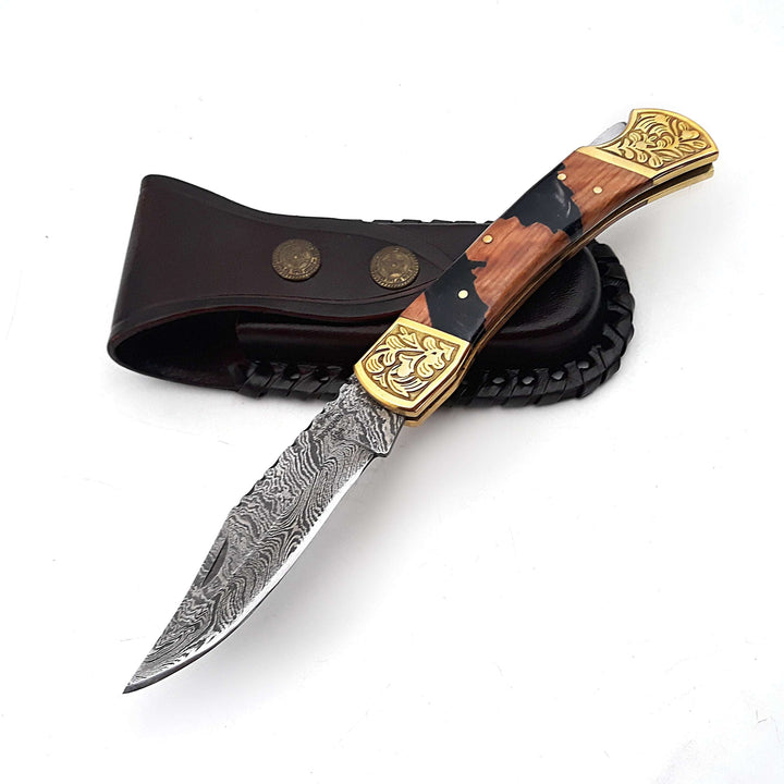 Goldenbolt Damascus Knife - Goldenbolt Handmade Damascus EDC Knife with Leather Sheath &amp; Olive Wood Handle - Shokunin USA