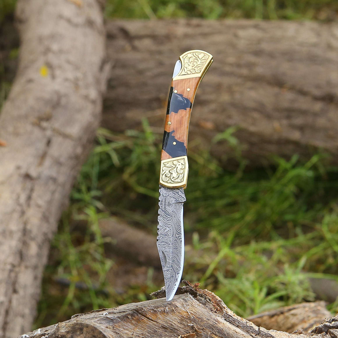 Handmade EDC Knives - Goldenbolt Handmade Damascus EDC Knife with Leather Sheath &amp; Olive Wood Handle - Shokunin USA