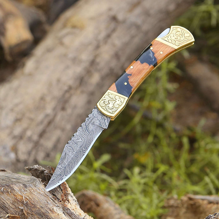 Best EDC Knife - Goldenbolt Handmade Damascus EDC Knife with Leather Sheath &amp; Olive Wood Handle - Shokunin USA