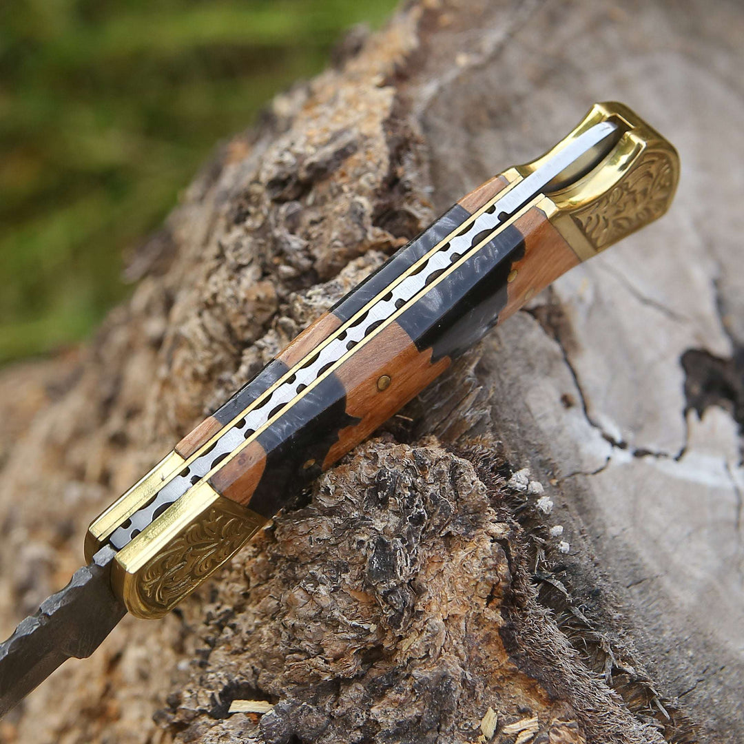 Goldenbolt Pocket Knife - Goldenbolt Handmade Damascus EDC Knife with Leather Sheath &amp; Olive Wood Handle - Shokunin USA