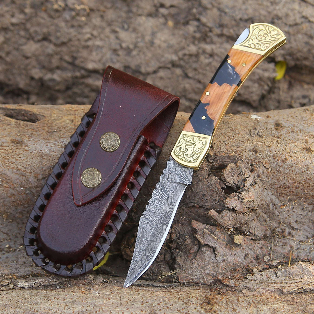 EDC Knife - Goldenbolt Handmade Damascus EDC Knife with Leather Sheath &amp; Olive Wood Handle - Shokunin USA