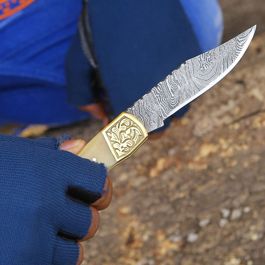 gentleman pocket knives for sale - Stormedge Handmade Damascus EDC Pocket Knife with Leather Sheath &amp; Bone Handle - Shokunin USA