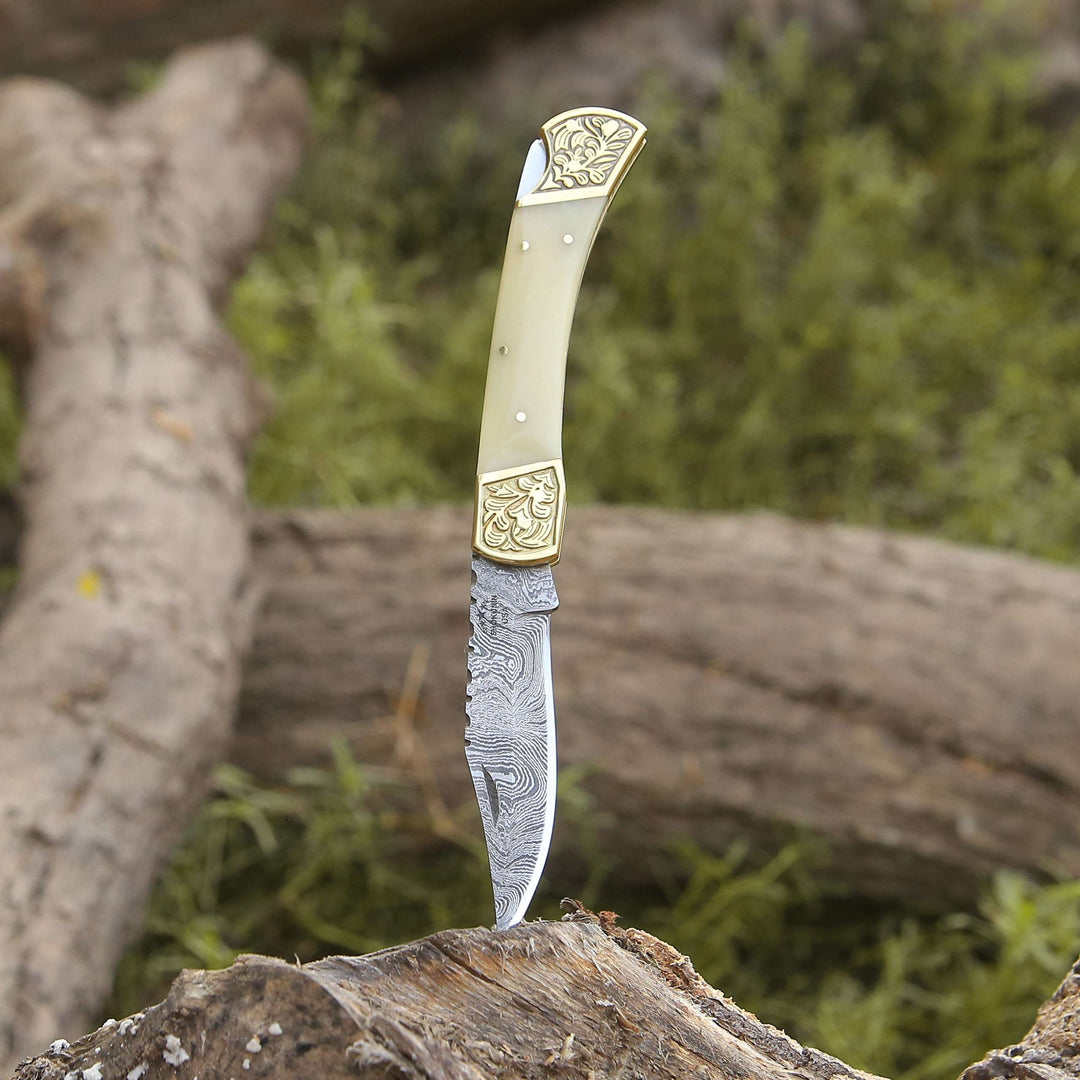 EDC Knife - Stormedge Handmade Damascus EDC Pocket Knife with Leather Sheath &amp; Bone Handle - Shokunin USA