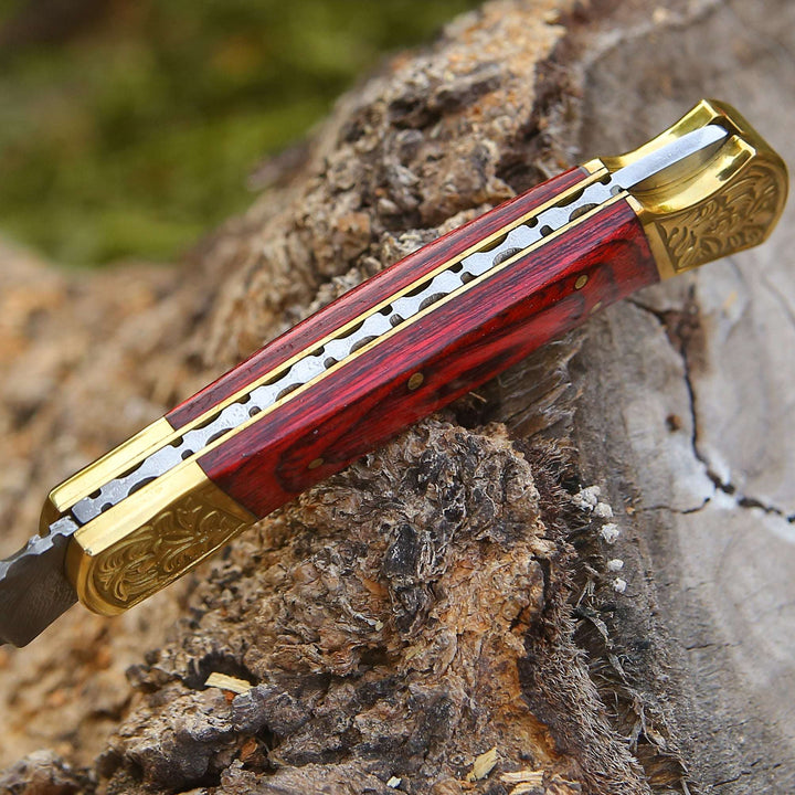 EDC Utility Knife - Edgefire Handmade Damascus EDC Utility Folding Knife with Leather Sheath &amp; Pakka wood - Shokunin USA