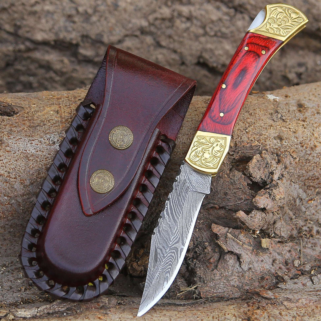 Edgefire Handmade Damascus EDC Utility Folding Knife with Leather Sheath &amp; Pakka wood