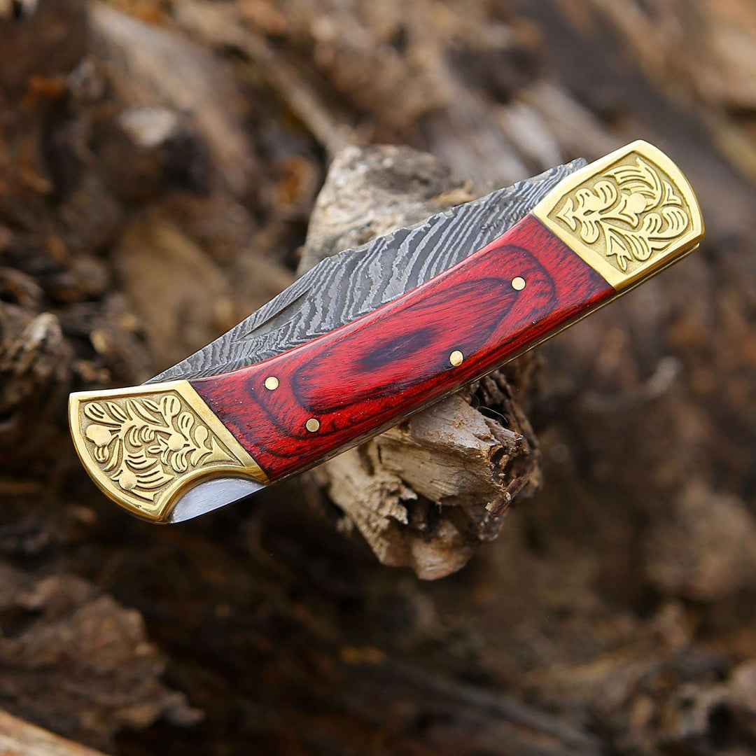 Edgefire Handmade Damascus EDC Utility Folding Knife with Leather Sheath &amp; Pakka wood