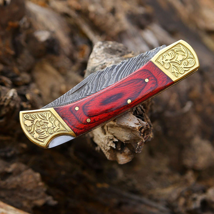 Edgefire Handmade Damascus EDC Utility Folding Knife with Leather Sheath &amp; Pakka wood
