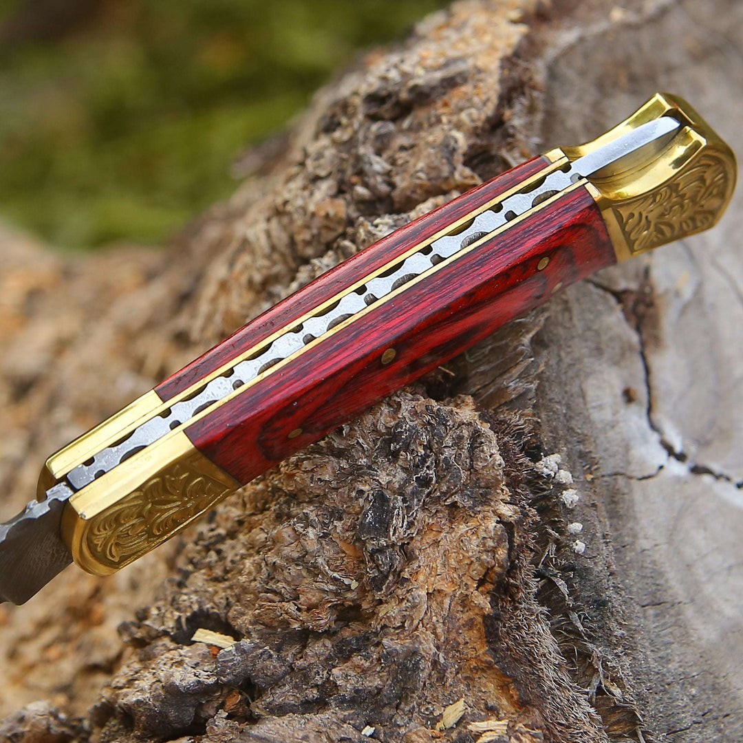 Edgefire Handmade Damascus EDC Utility Folding Knife with Leather Sheath &amp; Pakka wood
