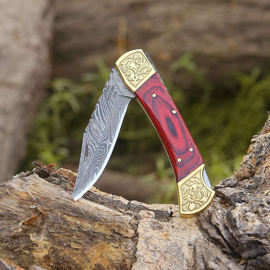 Edgefire Handmade Damascus EDC Utility Folding Knife with Leather Sheath &amp; Pakka wood