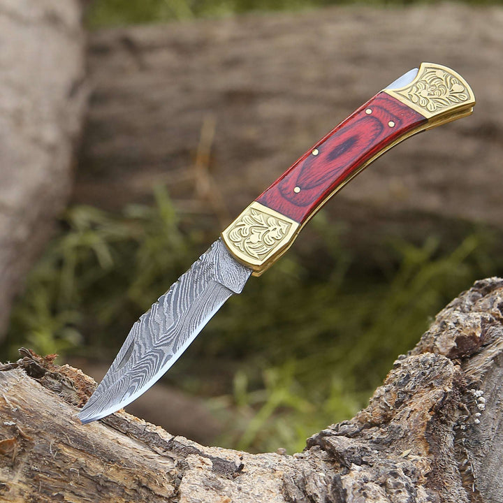 Edgefire Handmade Damascus EDC Utility Folding Knife with Leather Sheath &amp; Pakka wood