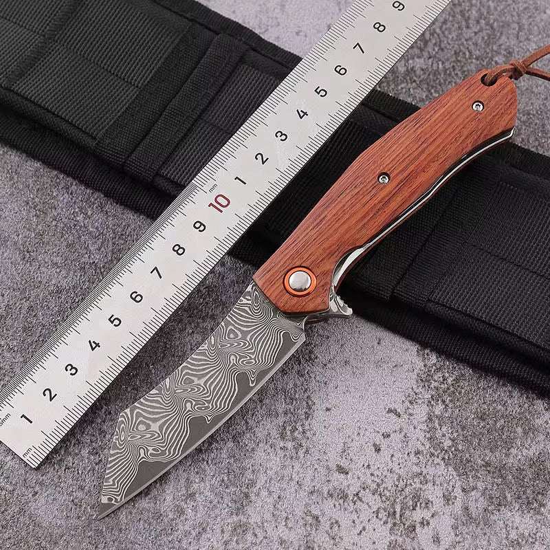 Damascus Knife - Dominator Japanese VG10 Damascus Pocket Knife with Sandalwood Handle &amp; Sheath - Shokunin USA