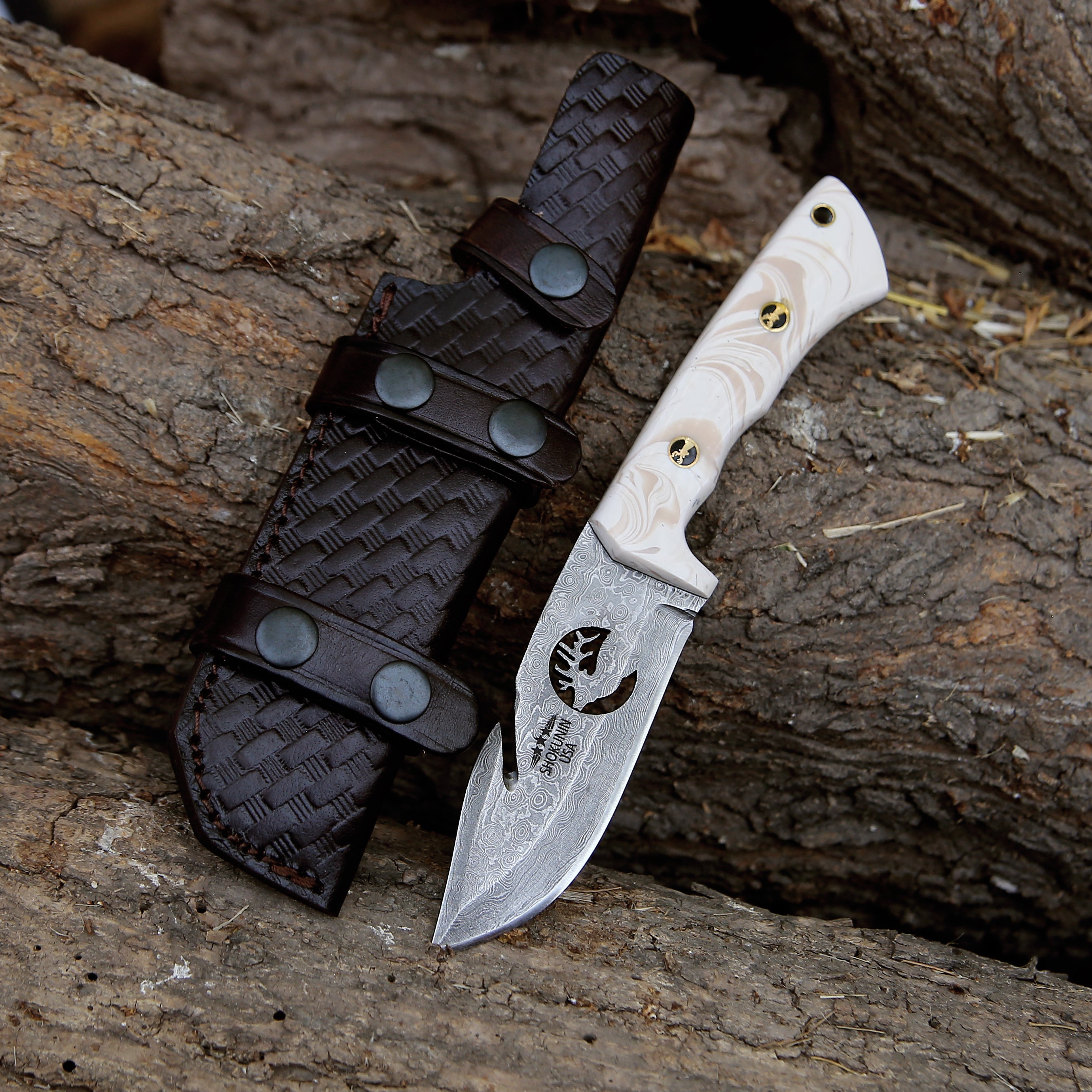 Damascus Hunting Knife with Gut Hook – Shokunin USA