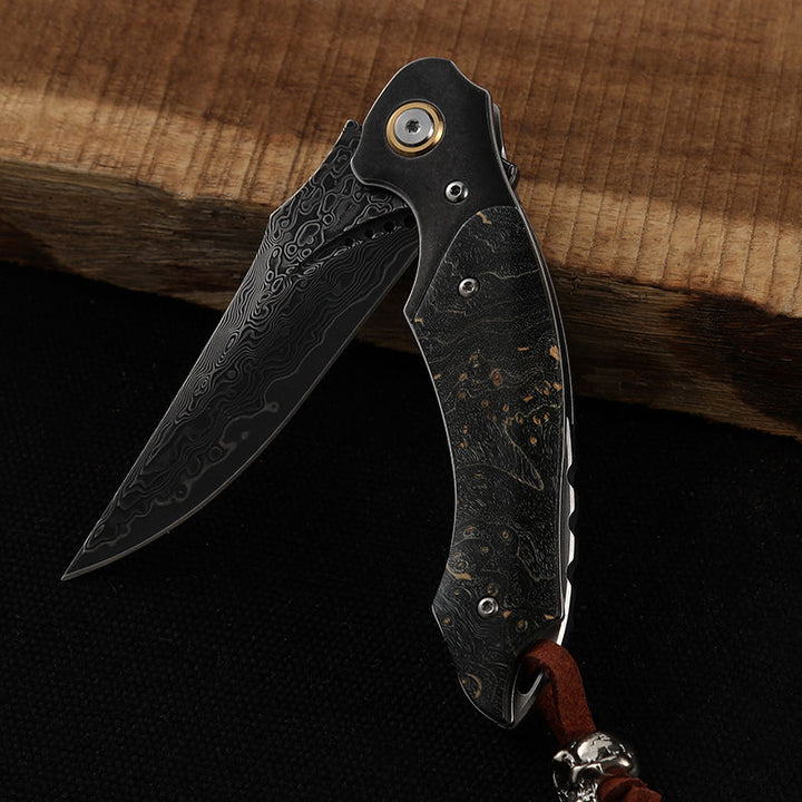 Pocket Knife - Venom Japanese Damascus Pocket Knife with Stained Maple Burl Wood Handle - Shokunin USA