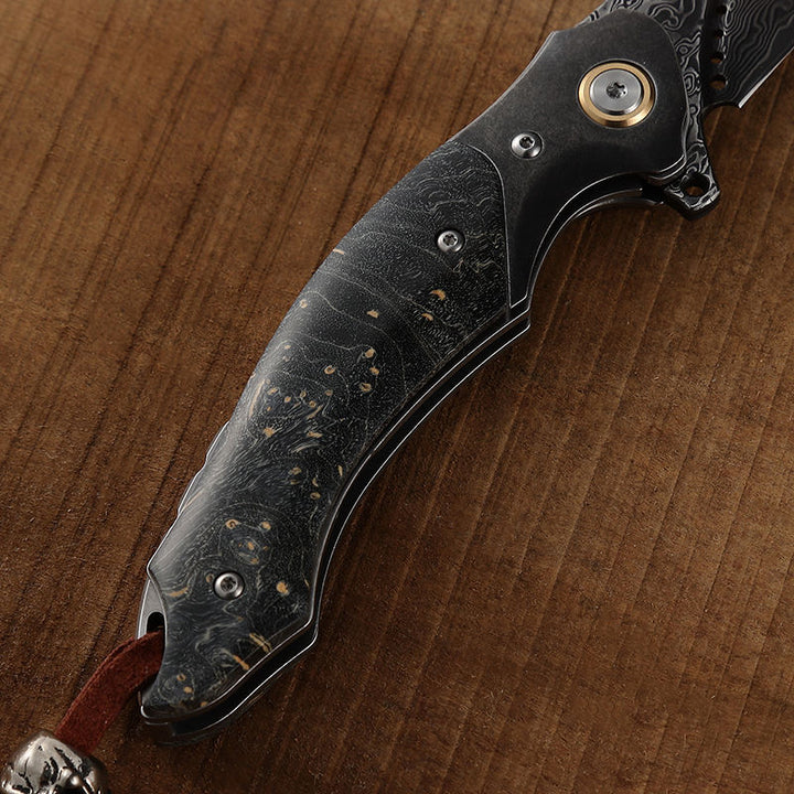 Pocket Knife - Venom Japanese Damascus Pocket Knife with Stained Maple Burl Wood Handle - Shokunin USA