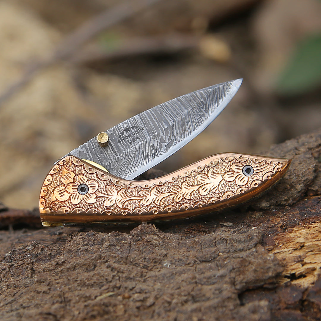 Copper Damascus Pocket Knife Shokunin USA - Main Image